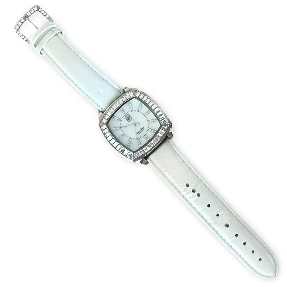 Victorian Wieck White Leather Band Rhinestone Watch